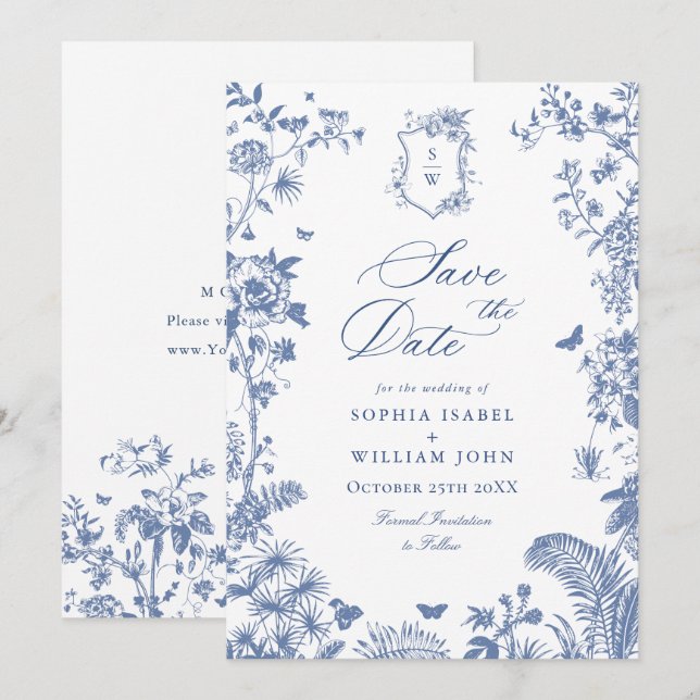 Save The Date Elégant bleu Jardin Français Floral Mariage Photo (Devant / Derrière)