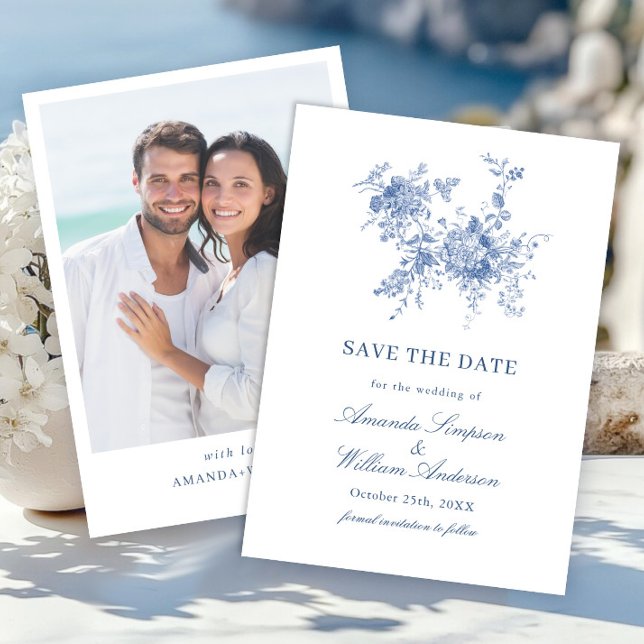Save The Date Elégant bleu Jardin Français Floral Mariage Photo (Créateur téléchargé)