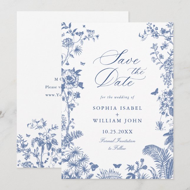Save The Date Elégant bleu Jardin Français Floral Mariage Photo (Devant / Derrière)