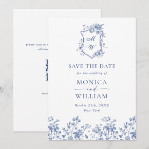 Save The Date Elégant bleu Jardin Français Floral Mariage QR cod
