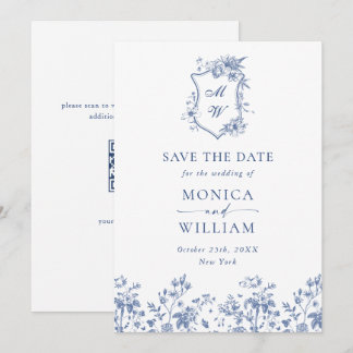 Save The Date Elégant bleu Jardin Français Floral Mariage QR cod