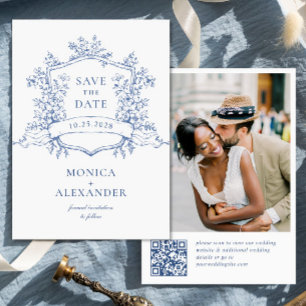Save The Date Elégant bleu Jardin Français Floral Mariage QR cod