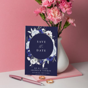 Save The Date Elégant bleu marine floral Mariage géométrique