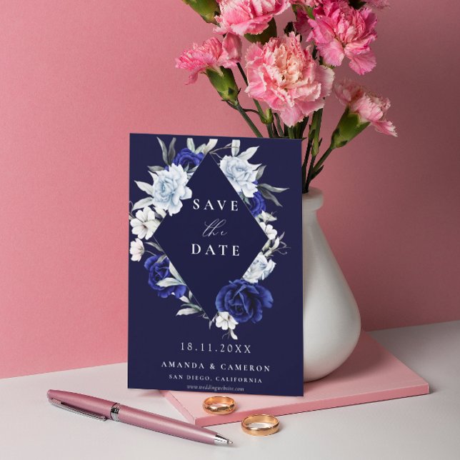 Save The Date Elégant bleu marine floral Mariage géométrique (Créateur téléchargé)