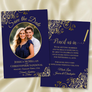 Save The Date Élégant Bleu Nuit et Or Ovale Photo Mariage Fantai
