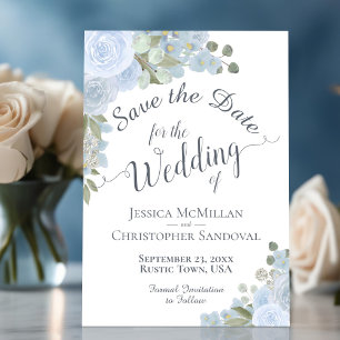 Save The Date Élégant Bleu Poussiéreux Aquarelle Floral Boho Mar