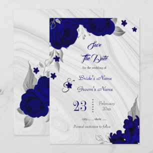 Save The Date élégant bleu royal gris argenté floral