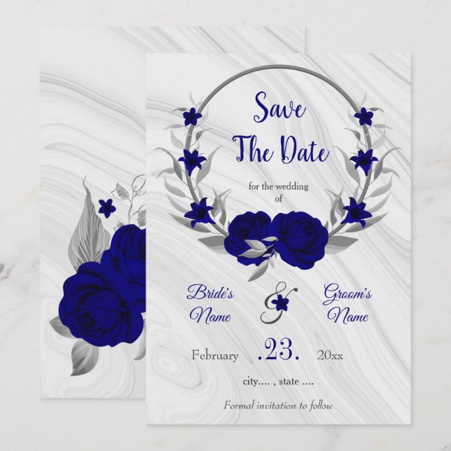 Save The Date élégant bleu royal gris argenté floral enregistrer (Devant / Derrière)