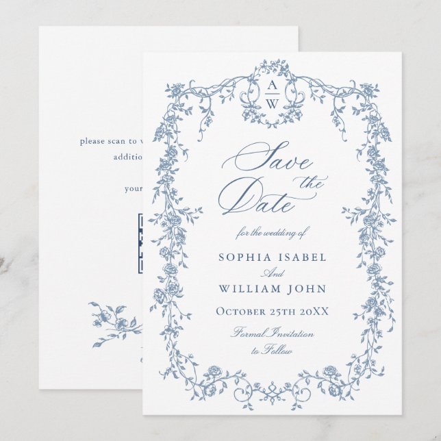 Save The Date Elégant bleu Toile Français Floral Mariage QR code (Devant / Derrière)