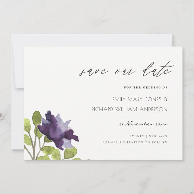 Save The Date Elégant bleu violet Rose d'aquarelle Floral (Devant)