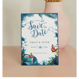 Save The Date Elegant Blue Green Botanical Butterfly Wedding