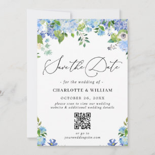 Save The Date Elégant Blue Hydrangea Greenery Photo Mariage QR
