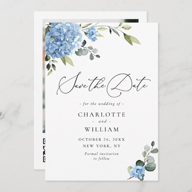 Save The Date Elégant Blue Hydrangea Mariage QR code Photo (Devant / Derrière)