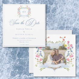 Save The Date Elegant Blue Pastel Wildflower Crest Wedding Photo
