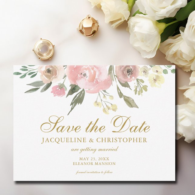 Save The Date Elégant Blush Pink Gold Floral Photo Enregistrer l (Créateur téléchargé)