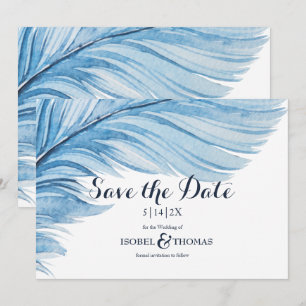 Save The Date Elégant Boho bleu aquarelle plumes Abstraites