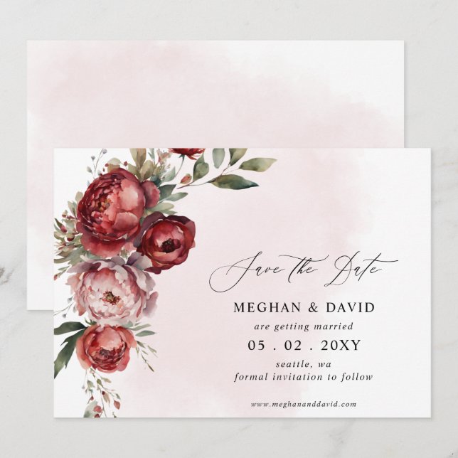 Save The Date Élégant Boho Bourgogne Blush Floral Mariage (Devant / Derrière)