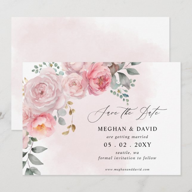 Save The Date Elégant Boho été printemps Blush Floral Mariage (Devant / Derrière)