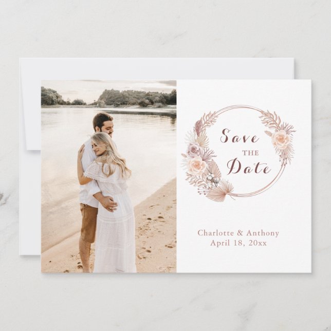 Save The Date Elegant Boho Floral Rose Gold Photo Mariage (Devant)