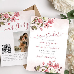 Save The Date Elégant boho rose floral QR code photo mariage
