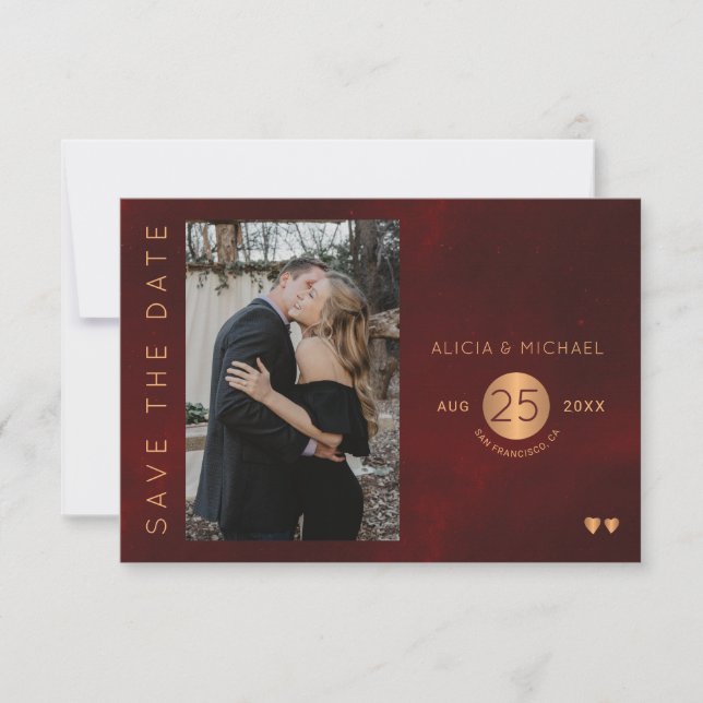 Save The Date Elégant bordeaux or mariage photo enregistrer la d (Devant)