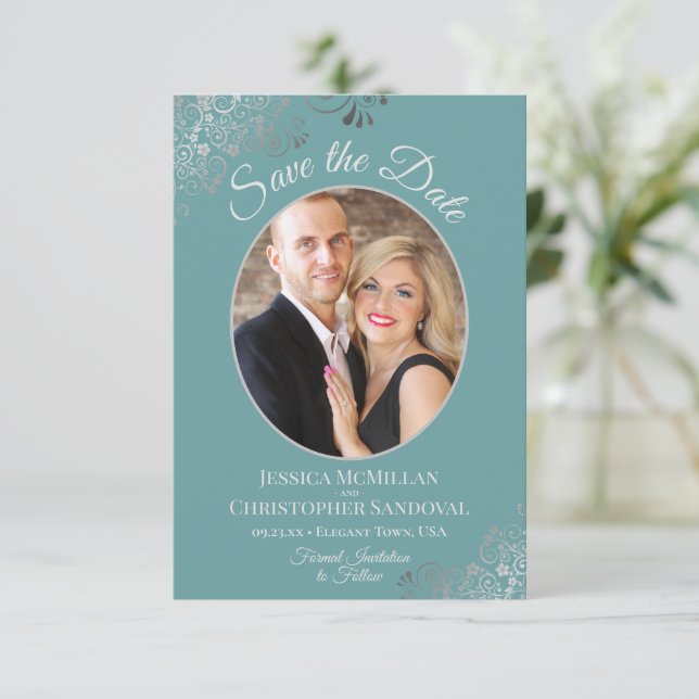 Save The Date Elégant boucles d'argent et photo sur Mariage Turq (Debout devant)