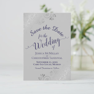 Save The Date Elégant boucles d'argent Marine bleu sur Mariage g