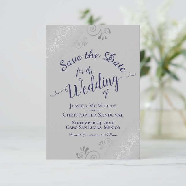 Save The Date Elégant boucles d'argent Marine bleu sur Mariage g (Debout devant)