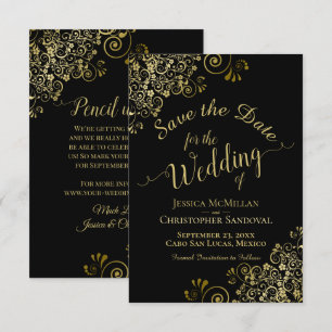 Save The Date Élégant boucles d'or Filigree sur Mariage noir