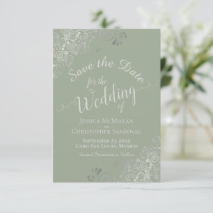 Save The Date Elégant boucles gris argent Mariage vert sage