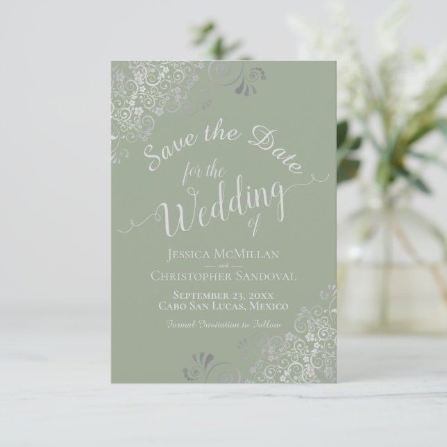 Save The Date Elégant boucles gris argent Mariage vert sage (Debout devant)