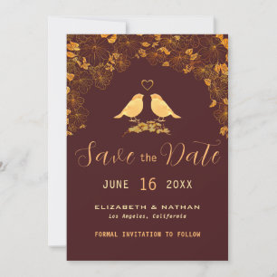 Save The Date Élégant Burgundy & Oiseaux d'or Motif floral