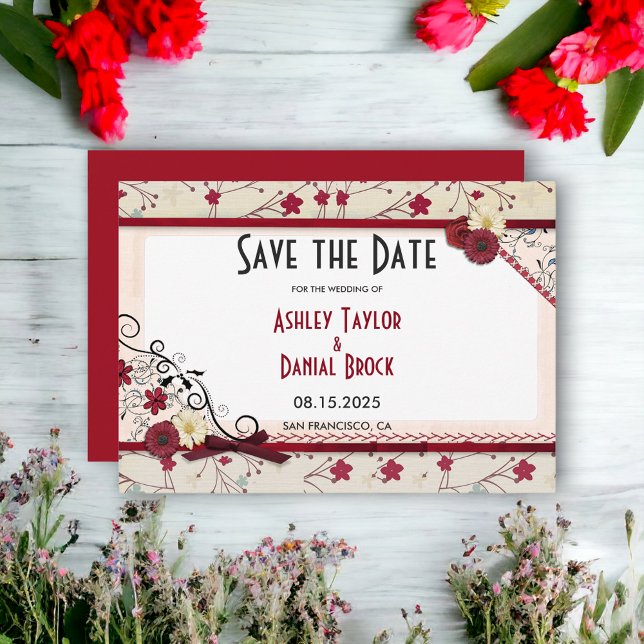 Save The Date Elégant cadre floral Bourgogne Chic Mariage d'été (Créateur téléchargé)