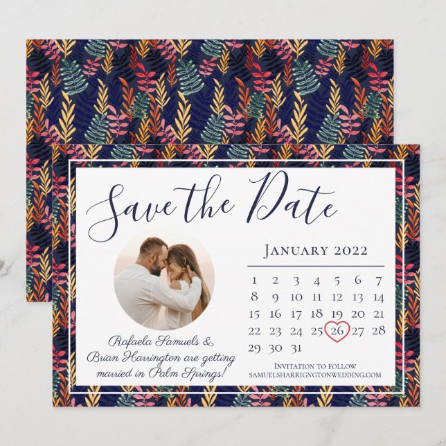 Save The Date Élégant calendrier de mariage de la Marine Tropica (Devant / Derrière)