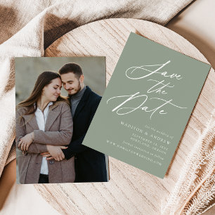 Save The Date Élégant Calligraphie Sage Green Photo Mariage