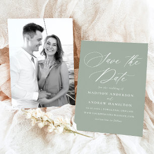 Save The Date Élégant Calligraphie Sage Green Photo Mariage