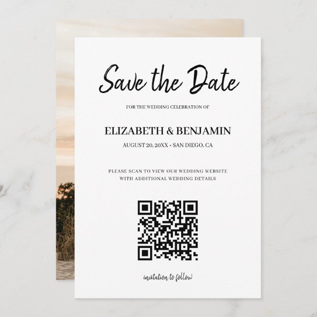 Save The Date Elegant Calligraphy Script QR Code Photo Save The  (Devant / Derrière)