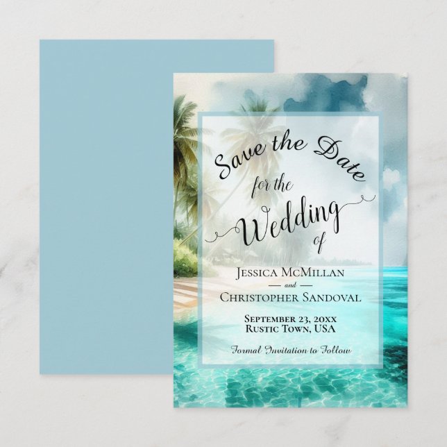Save The Date Elegant Calligraphy Tropical Beach Wedding (Devant / Derrière)