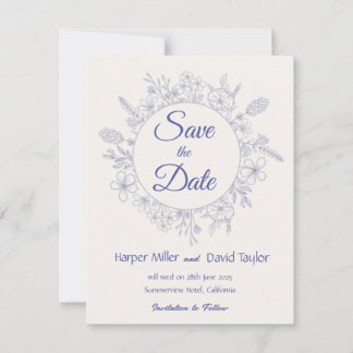 Save The Date Élégant carton de sauvegarde crème et bleu floral