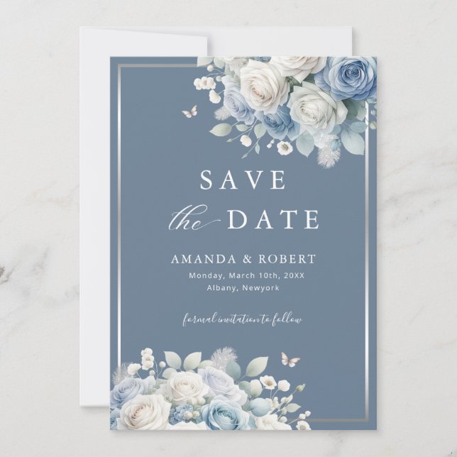 Save The Date Élégant chic Dusty Blue Boho Floral Enregistrer la (Devant)