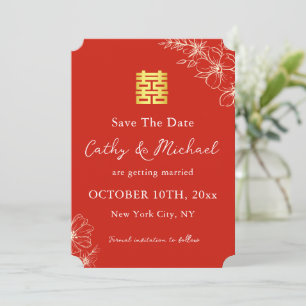 Save The Date Élégant chinois moderne script floral mariage roug