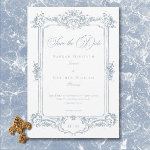 Save The Date Élégant Chinoiserie Bleu Poussiéreux avec Chérubin