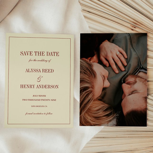 Save The Date Elegant Classic Ivory & Red Script Wedding Photo (Créateur téléchargé)
