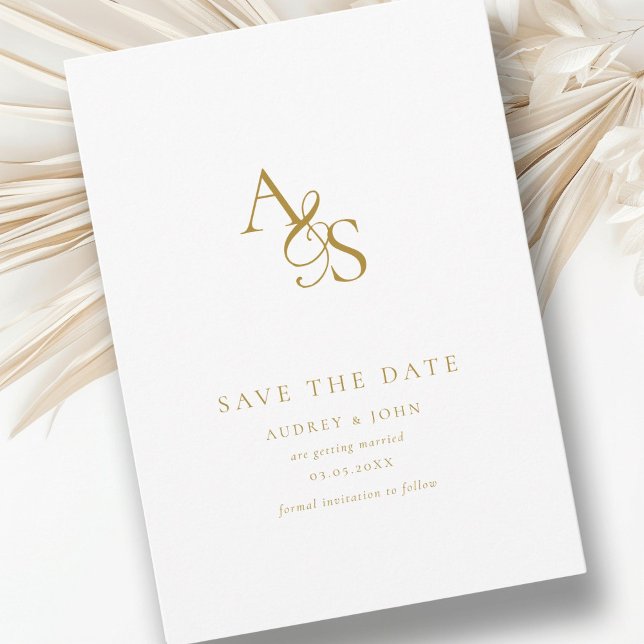 Save The Date Élégant, Classique, Monogramme, Blanc, Mariage (Elegant, classic, monogram, white & beige-gold, Save the Date Card. Print + Download available.)