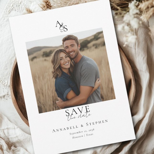 Save The Date Élégant, classique, Monogramme, blanc, Mariage 1 P (Elegant, Classic, Monogram, White, Wedding 1 Photo Save The Date Card)