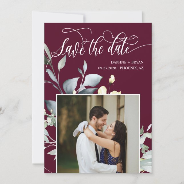 Save The Date Élégant Code QR de Photo de Feuilles Vertes de Bou (Devant)