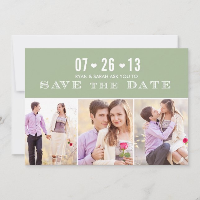 Save The Date Élégant Coeur vert Sauvez les dates avec des photo (Devant)