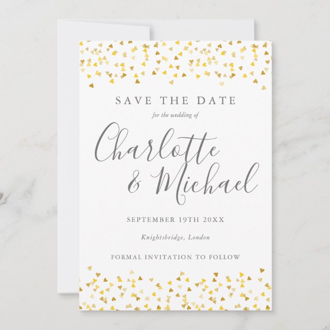 Save The Date Elégant Coeurs d'or Confetti Signature Script (Devant)