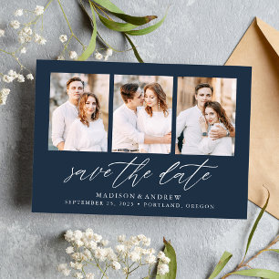 Save The Date Élégant Collage de 3 Photos Navy Script