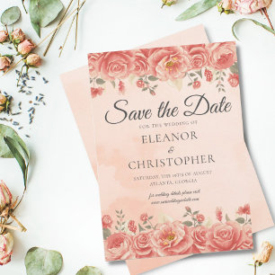 Save The Date Élégant corail Roses Aquarelle Pêche Florale